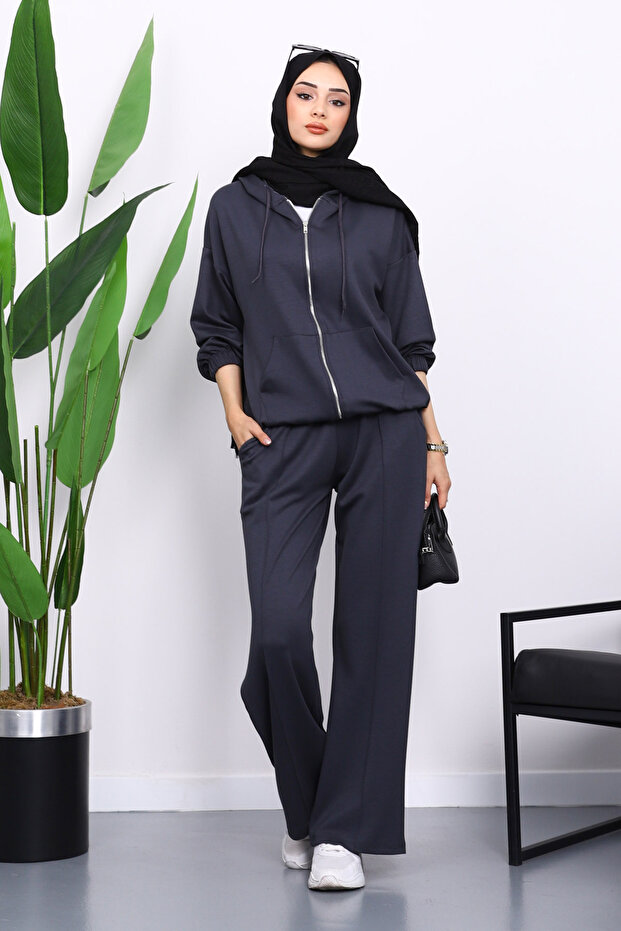 Anthracite Hooded Zippered Kangaroo Pocket Modal Set