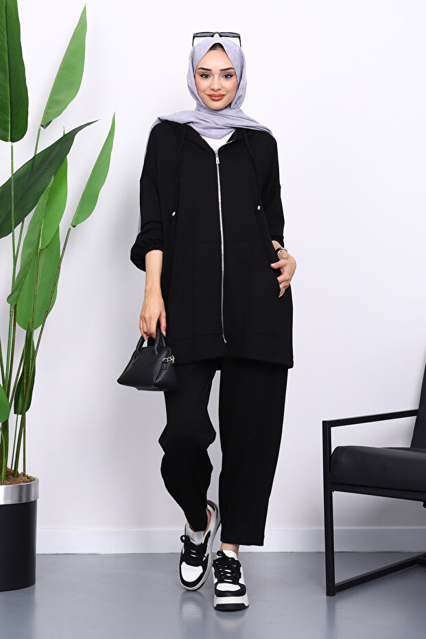 Black Hooded Zippered Tunic Pants Set