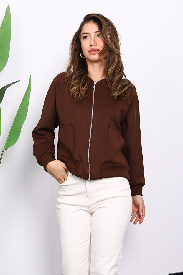 Brown Zippered Scuba Short Jacket