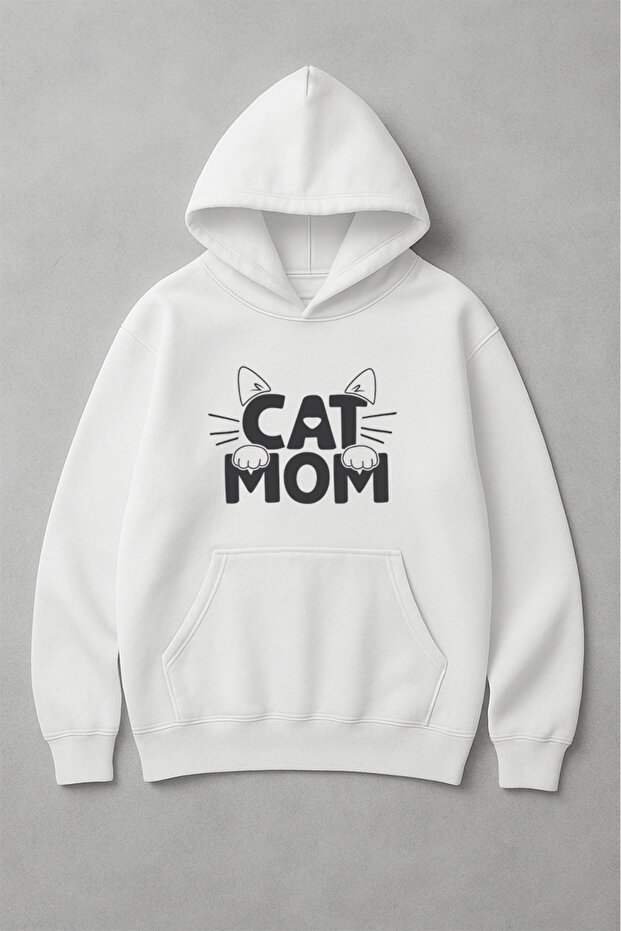 سويت شيرت أبيض للسيدات بطبعة قصة فضفاضة Eared Cat Mom