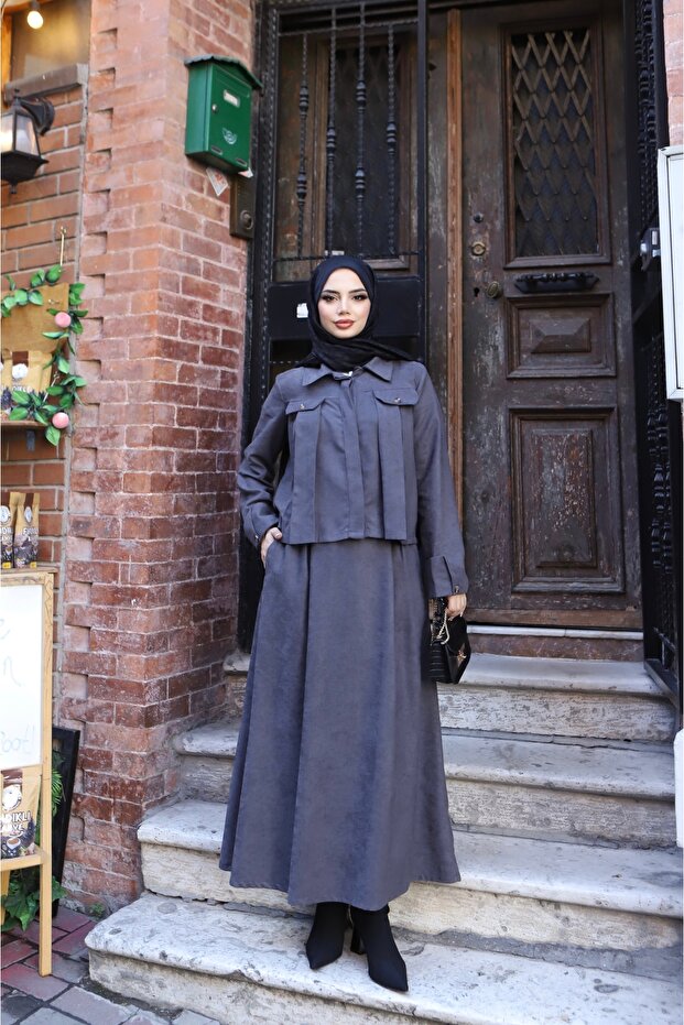 Suede Skirt Suit with Pocket Detail