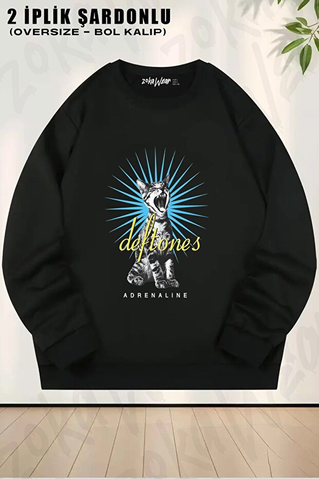 Unisex Deftones, Adrenaline, Kedi, Cat, Rock Metal Printed Oversized Crew Neck Sweatshirt