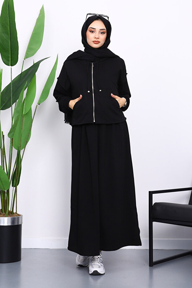 Black Three Thread Sweat Cardigan Dress Combination Set
