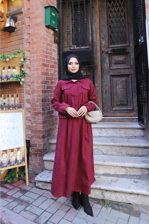 Suede Skirt Suit with Pocket Detail