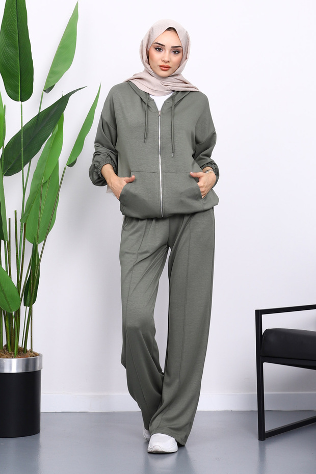 Khaki Hooded Zippered Kangaroo Pocket Modal Set