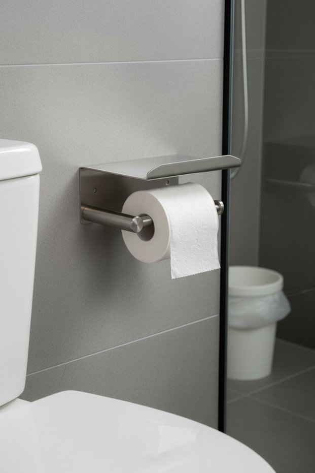 Stainless Steel Adhesive Toilet Paper Holder with Shelf | Installation Without Drilling | Moisture Resistant