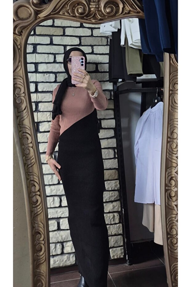 Çift renk triko elbise - 1