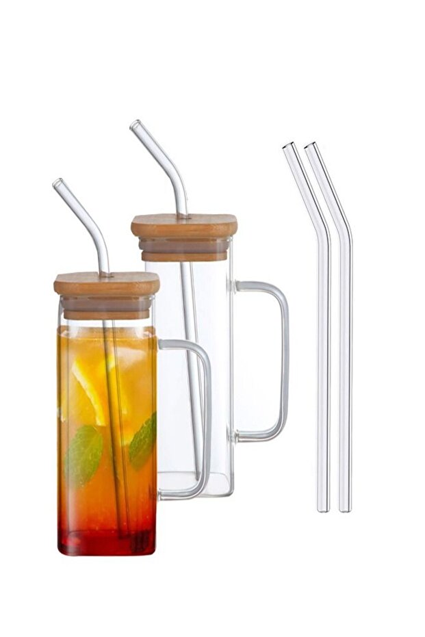 1Chase Set of 2 Square Borosilicate Glass Jars with Bamboo Lids, Glass Straws & Handles â€“ 400ML C - 1