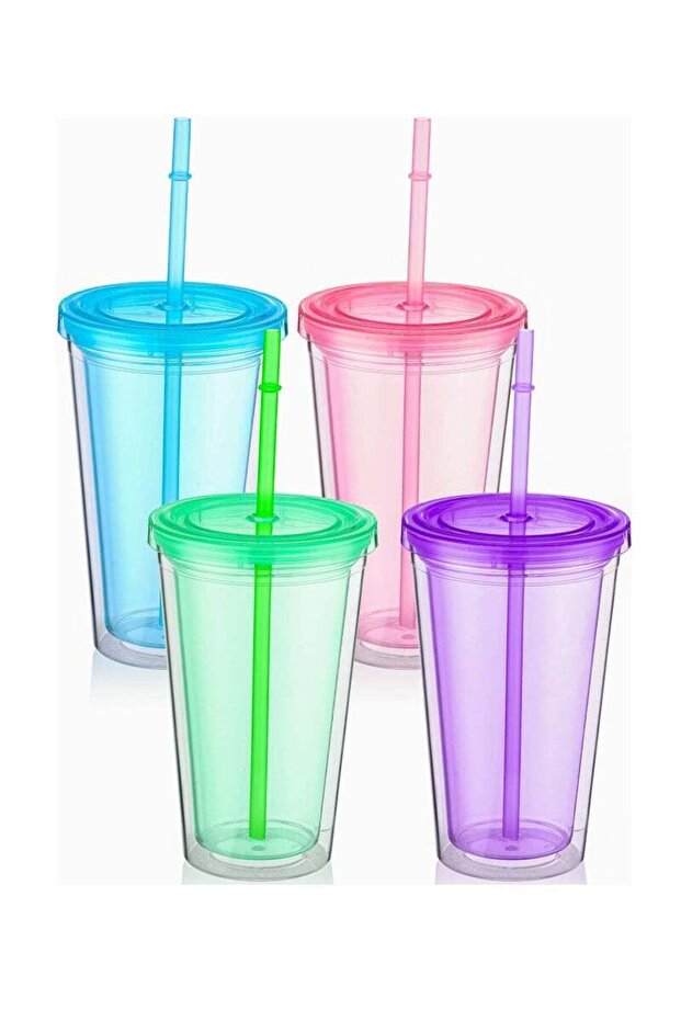 Set of 4 Insulated Double Wall Plastic Tumblers with Lids and Straws, Clear Reusable Cups for Coffe - 1