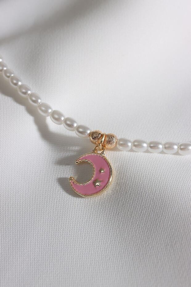 Pink Enameled Moon Pendant Pearl Necklace