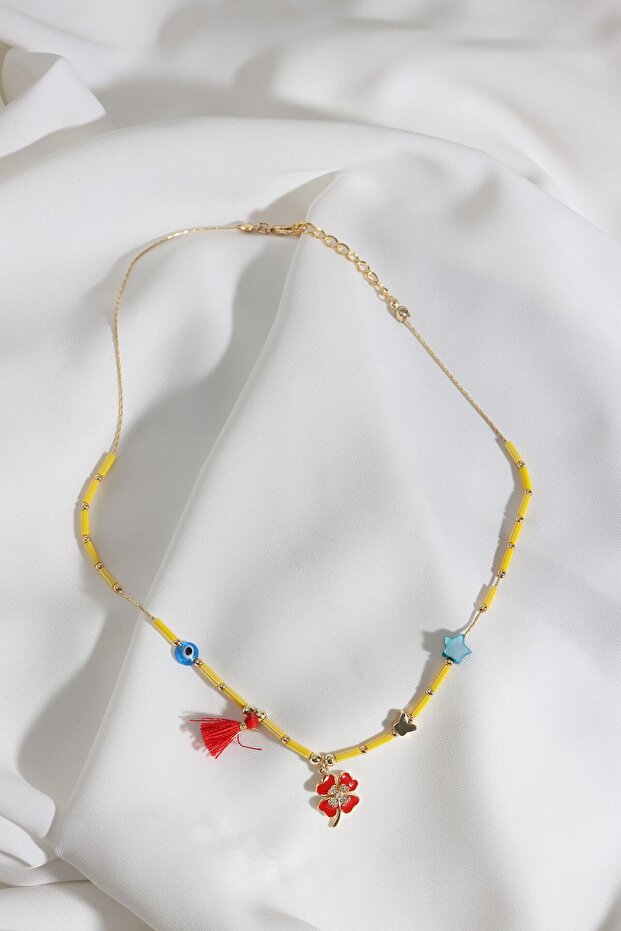 Yellow Necklace with Clover Pendant and Blue Stars