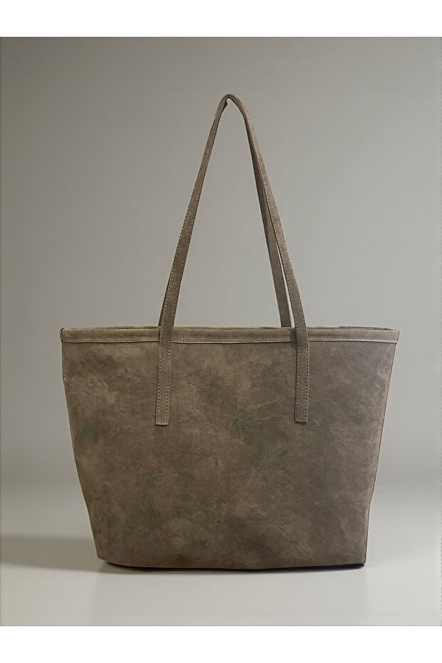 حقيبة كتف كبيرة الحجم من جلد الغزال ذات الوجهين - كاكي - 1