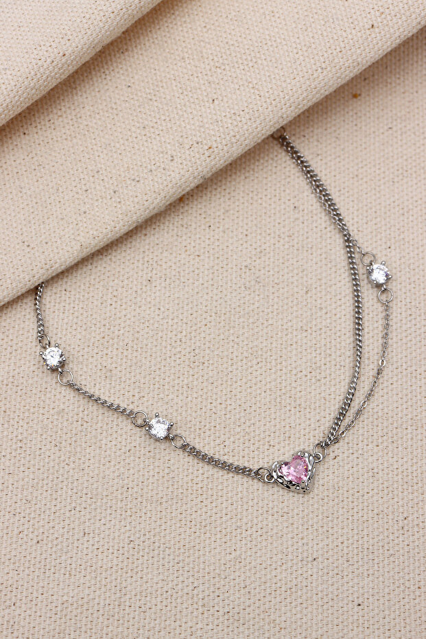 Pink Heart Stone Silver Color Chain Vip Bracelet