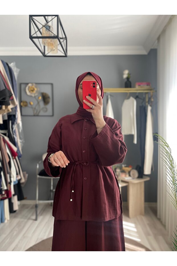 Button-Closure Elastic-Waist Shirt Trousers Two-Piece Muslin Set - Burgundy