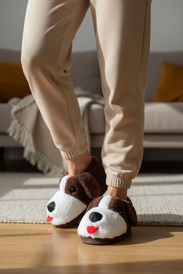 Panduf Hayvan Figürlü Peluş Tüylü Ev Ayakkabısı Yumuşak Taban Ev Botu - 4