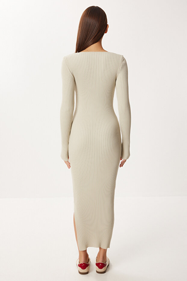 Kalp Yaka Esnek Midi Triko Elbise LDM0011 BEJ - 6
