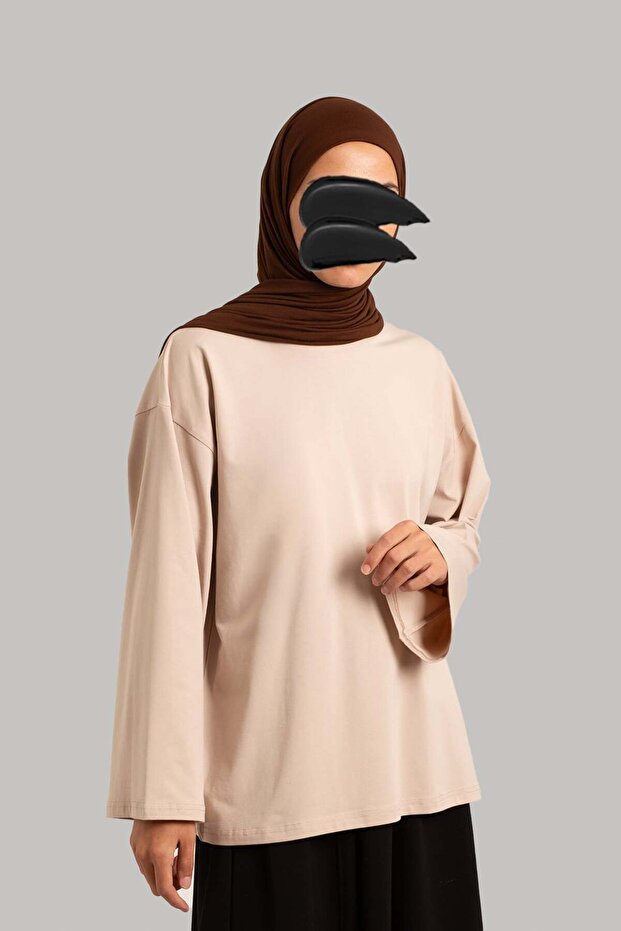 Basic Uzun Kollu Tişört - Bej - 4