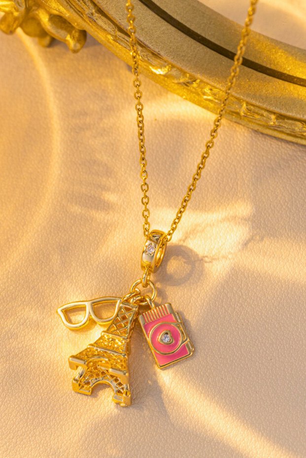 Paris Eiffel Tower Manifest Necklace with Camera and Glasses Charm Steel Necklace