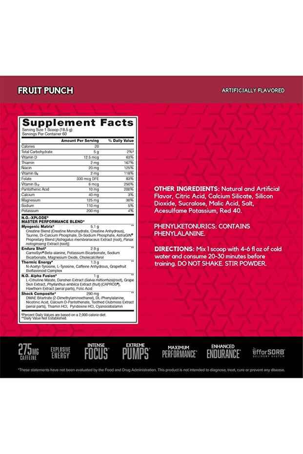 N.O.-XPLODE PreWorkout with Creatine Beta Alanine Energy 60 Servings - 3