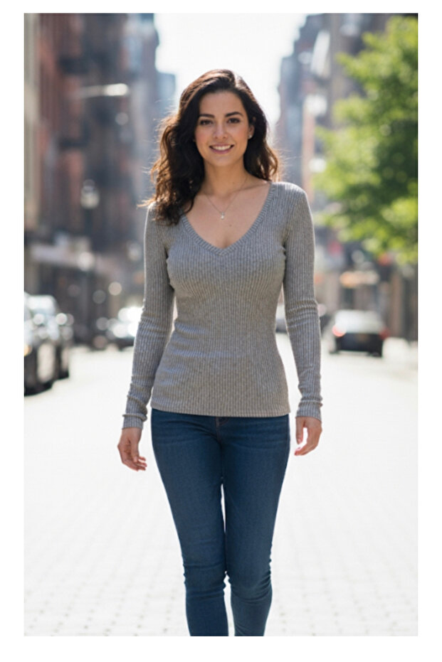 Wide Neck Ribbed Fabric Plain Basic Blouse - 1