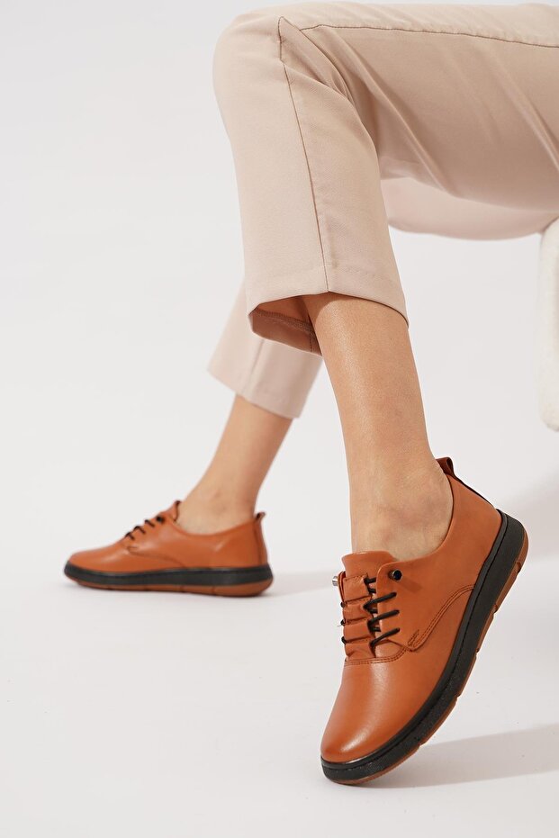 Tande genuine leather pleated elastic women's shoes - tan