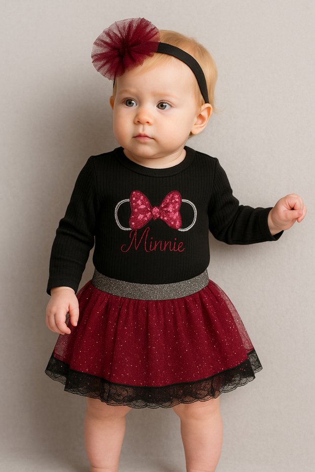 Baby Girl Minnie Embroidered Bodysuit with Tulle Skirt Tutu Set