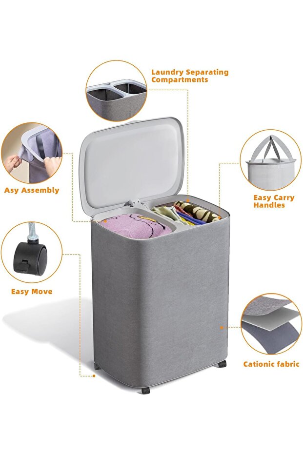 Rolling Laundry Basket with Lid, 90L Double Laundry Hamper with Wheels - 4