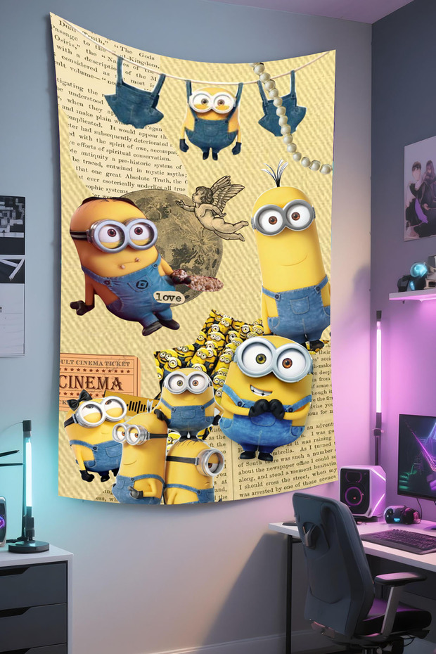 Minions Printed Wall Covering – Animated Theme, High-Quality Fabric, Tapestry Wall Carpet