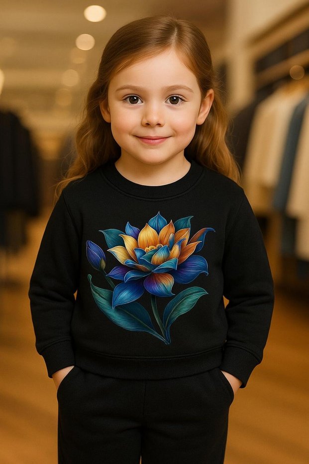 Lotus Flower Patterned Cotton 3-Thread Sha Fleece-Lined Sweatshirt 3-4-5-6-7-8-9-10-11-12 Years