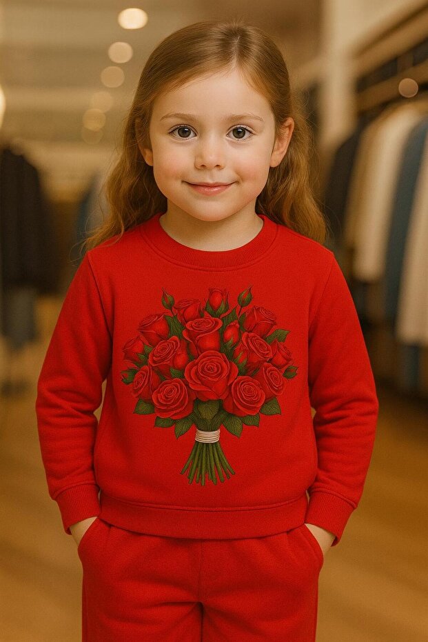 Demet Rose Patterned Cotton 3-Ply Shirt Fleece-Lined Eatshirt 3-4-5-6-7-8-9-10-11-12 Years Old