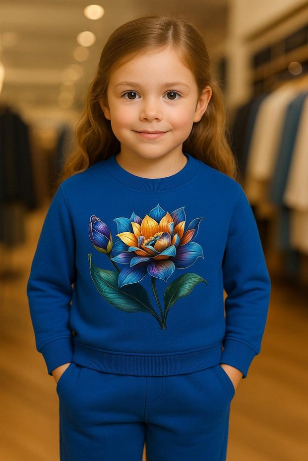 Lotus Flower Patterned Cotton 3-Thread Sha Fleece-Lined Sweatshirt 3-4-5-6-7-8-9-10-11-12 Years