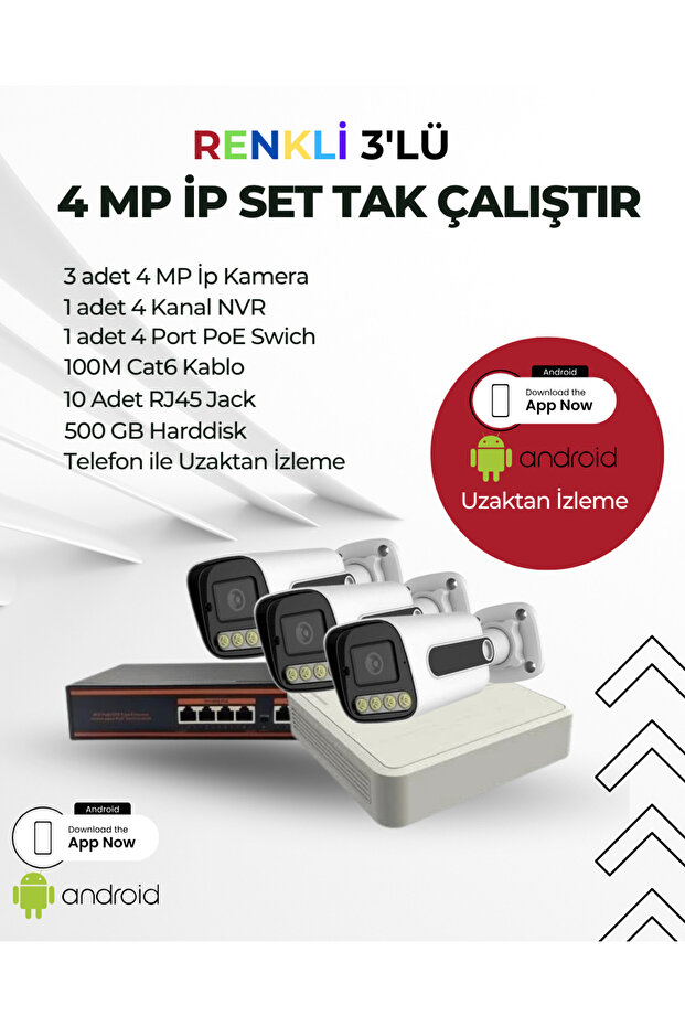 4 MP 3lü renkli IP kamera seti