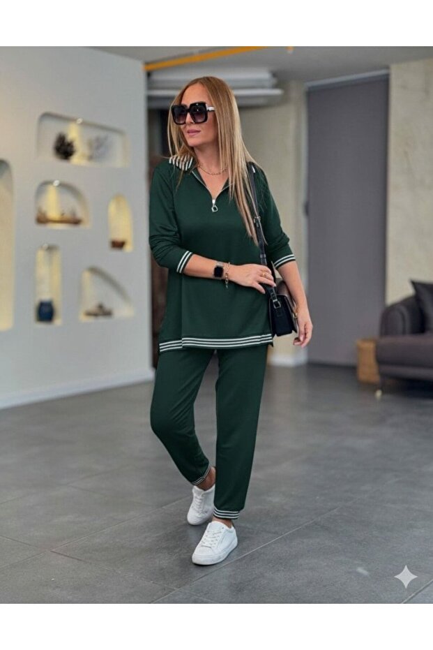 Women's Long Sleeve Zipper Stripe Detail Patterned Top and Bottom Two-Piece Viscose Two-Thread Set