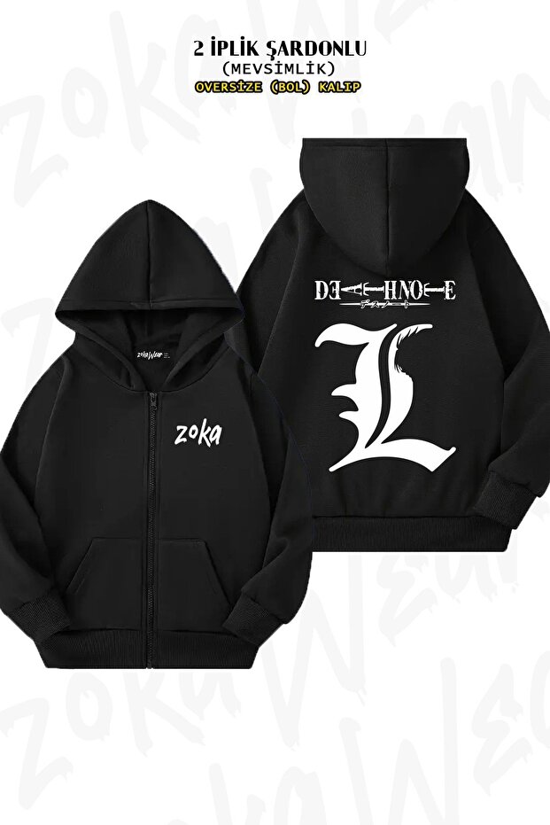 Unisex Logo L V2 Death Note Printed Oversized Back Printed Zip Hooded Cardigan