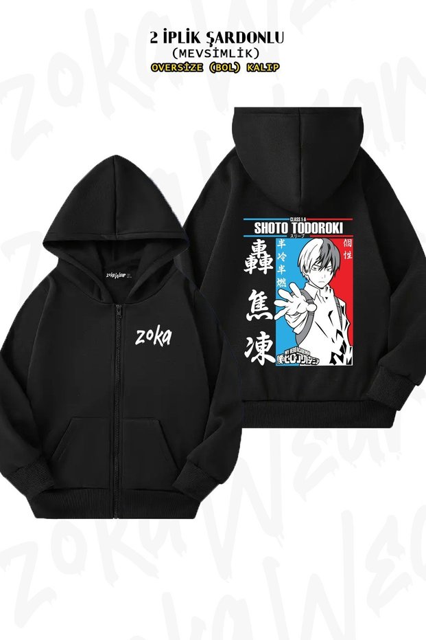 Unisex My Hero Academia Shoto Todoroki Art Printed Oversized Back Printed Zip Hooded Cardigan