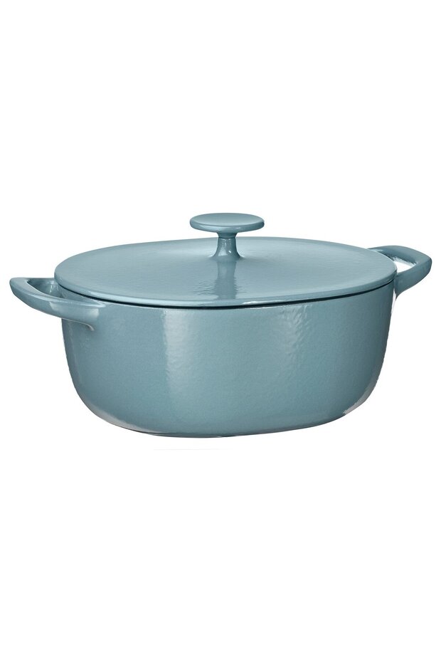 VARDAGEN Casserole with lid, enamelled cast iron, light beige/dark grey-blue, 5 l
