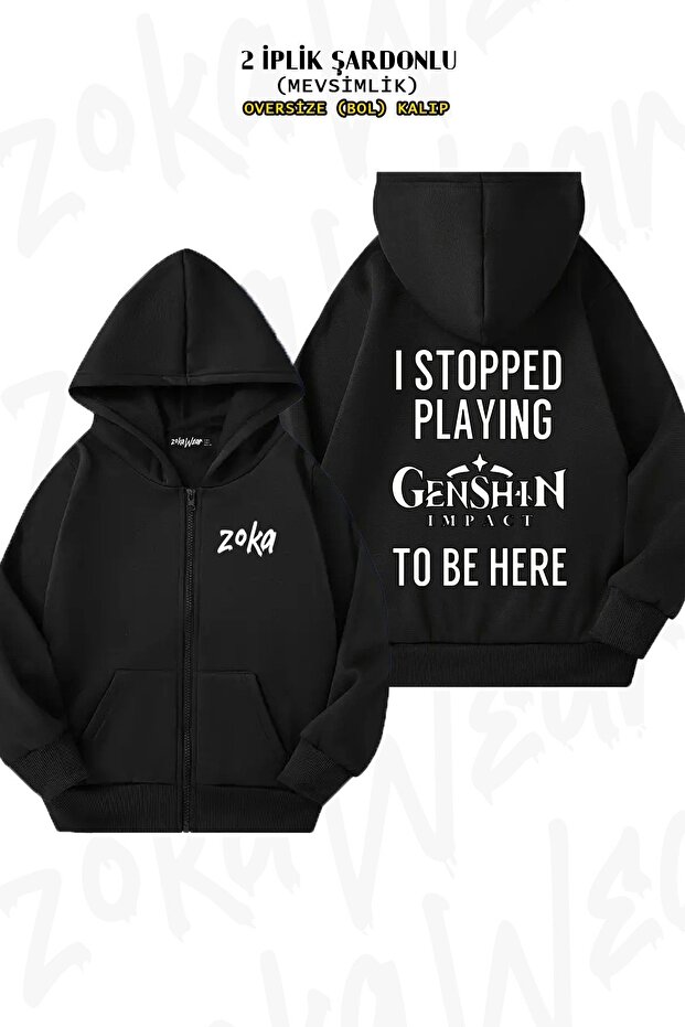 Unisex I Stopped Playing Genshin Impact Printed Oversized Back Printed Zippered Hooded Cardigan