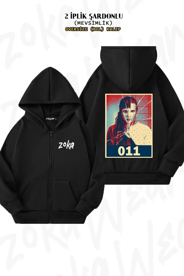 Unisex Eleven Stranger Things Season Printed Oversized Back Printed Zippered Hooded Cardigan