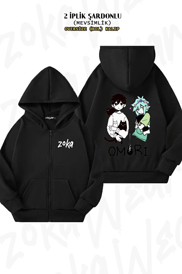 Unisex Omori Printed Oversized Back Printed Zipper Hooded Cardigan
