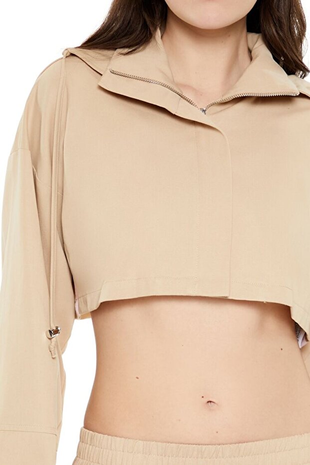 Kapüşonlu Fermuarlı Crop Ceket - 5