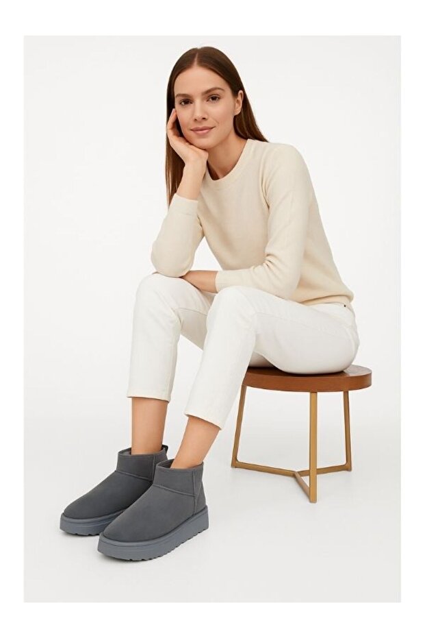 Kadın Kalın Taban Süet Bot Platform Topuklu Gri Renk En iyi Muadil Içi Kürklü Ug Model Bot & Bootie - 2