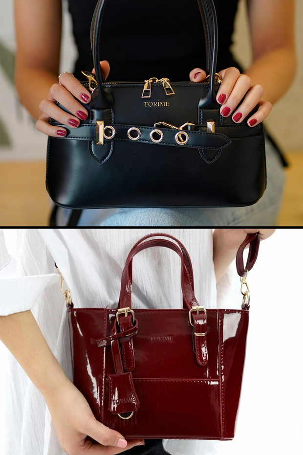 Baguette with Brown Belt Detail - Burgundy Medium Size Patent Leather Women's Shoulder & Handbag