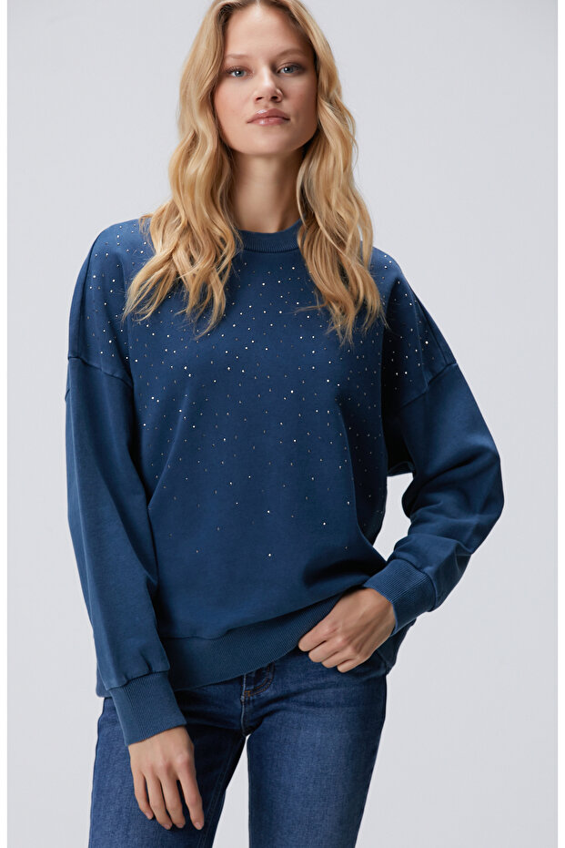 İndigo Taşlı Sweatshirt - 1