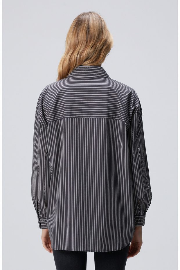 Antrasit Çizgi Desenli Oversize Gömlek - 5