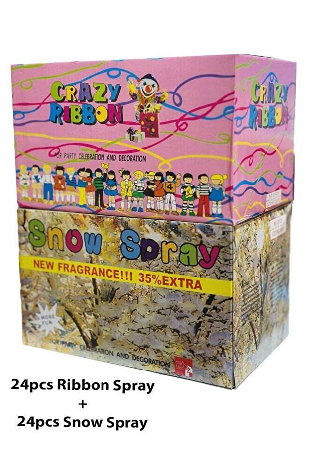 Party Spray Colored String Crazy Ribbon and White Snow Spray - Pack of 48pcs