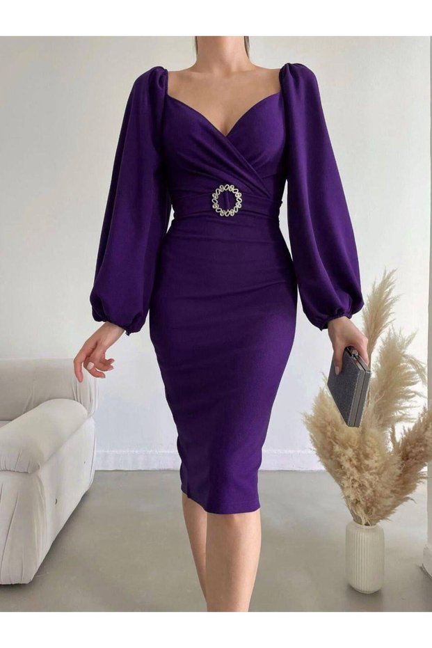 Heart Neckline Belted Imported Crepe Fabric Long Sleeve Midi Length Dress 582671 Purple