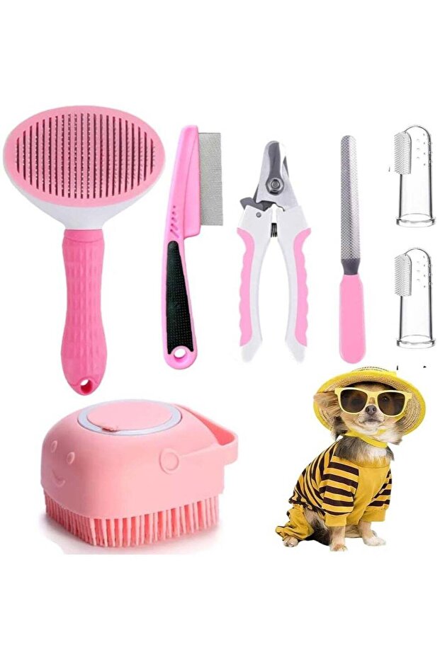 7 Pcs Cat Dog Brush Grooming Kit (Pink)