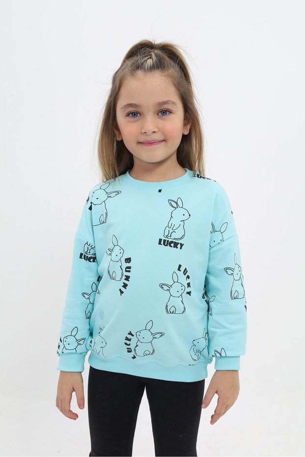 Mint Green Girls' Relax Fit Crew Neck Drop Shoulder Printed Sweatshirt - 2 Thread