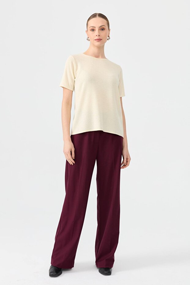 Women's Crew Neck Short Sleeve Basic Wool Blouse Bone