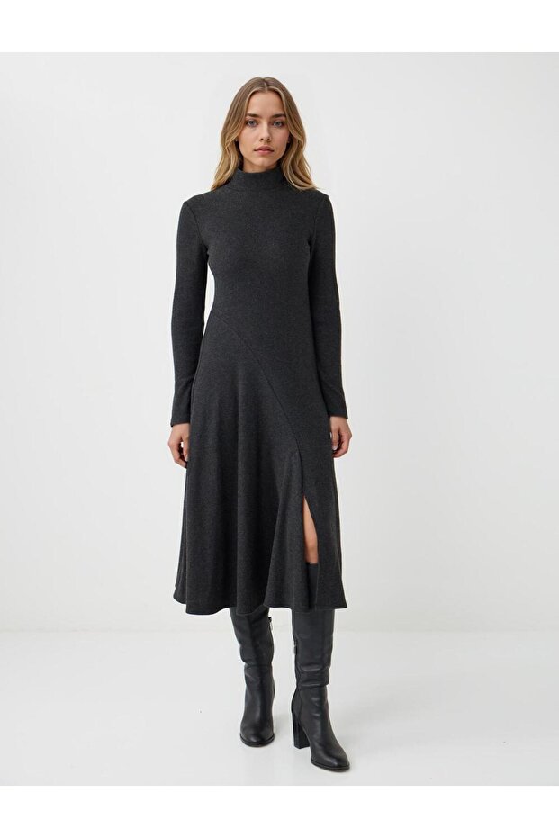 Antrasit Melanj Balıkçı Yaka Yumuşak Dokulu Örme Midi Elbise - 3